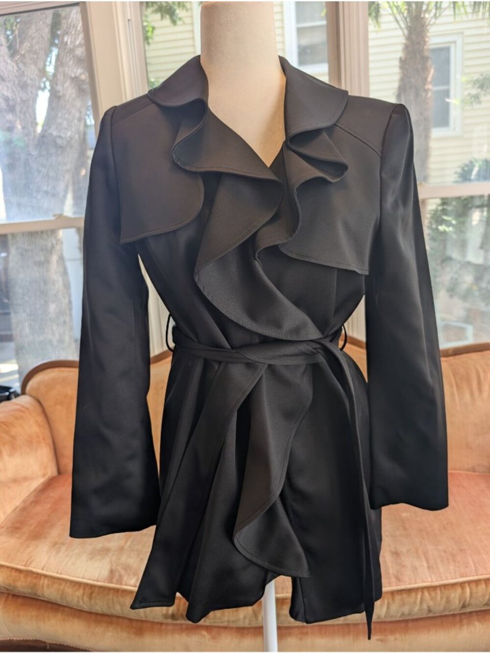 Vintage Kasper Black Satin Ruffle-front Trench Coat Size 12P Y2K Minimalist